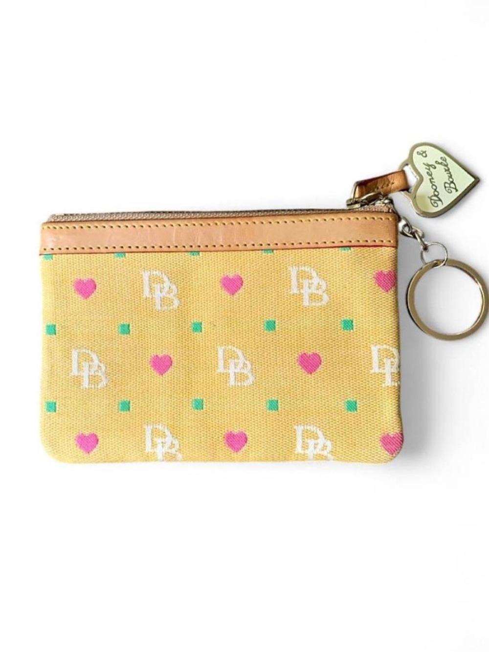 Vintage Dooney & Bourke Yellow Heart Monogram Coin Purse Key Ring Pouch